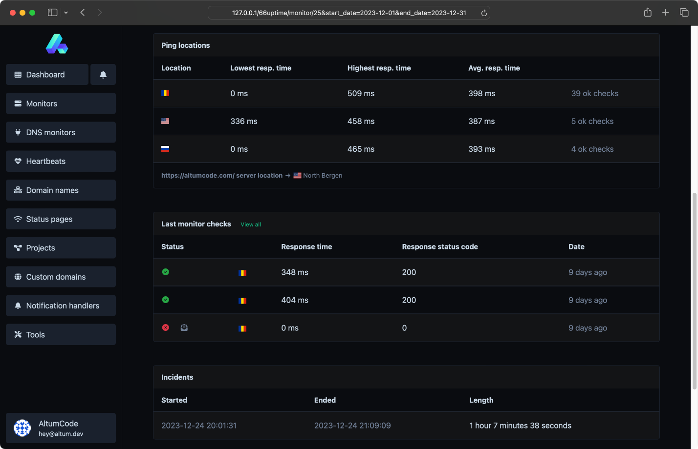 Screenshot of the app monitors incidents page